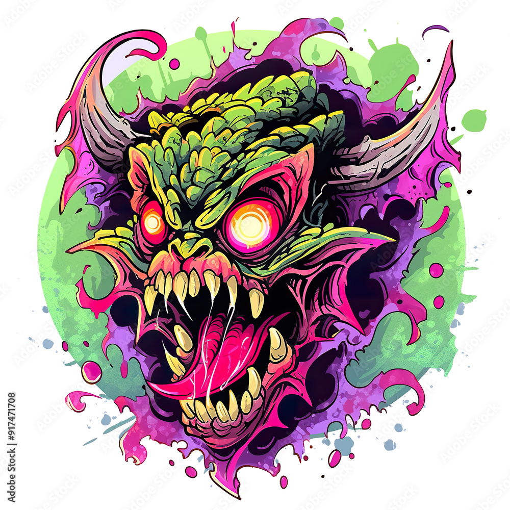 A monster with a green face and red tongue