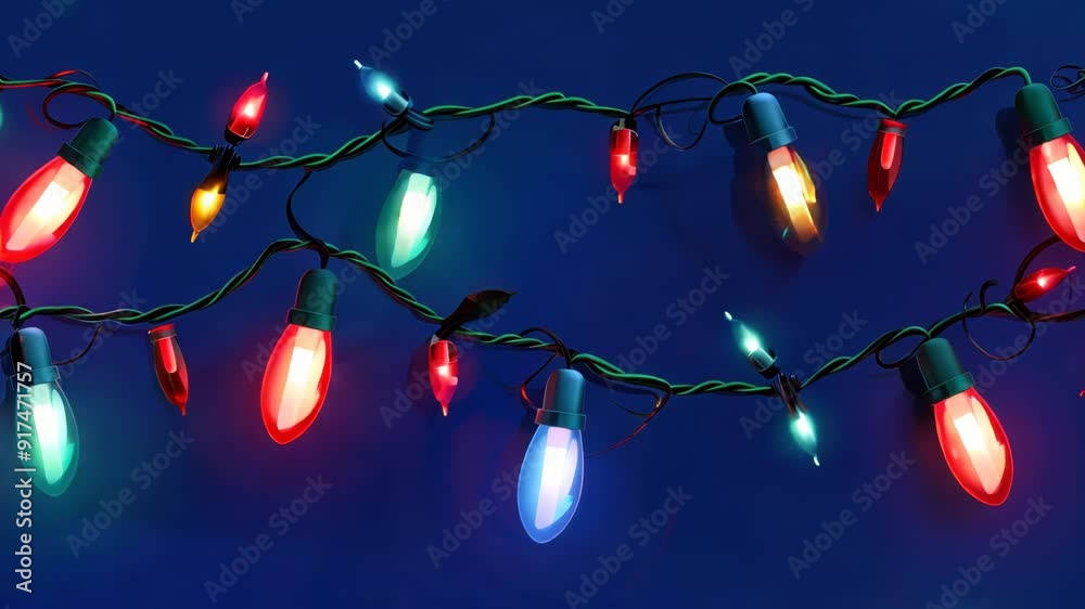 Vibrant string of Christmas lights in a row, providing festive illumination and atmosphere.