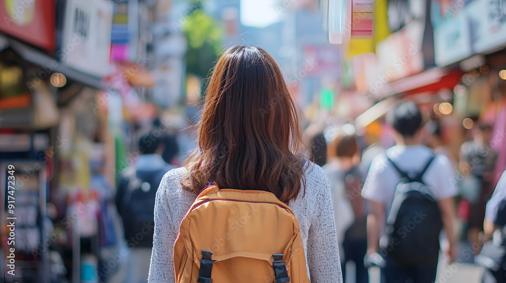 Obraz premium Japanese lady from behind walking down a crowded street
