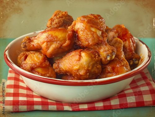 A bowl of fried chicken with a red and white checkered tablecloth. The chicken is golden brown and he is seasoned well