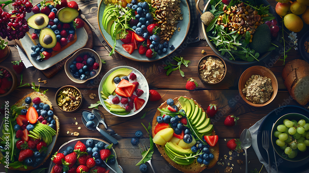 Fototapeta premium healthy food table top view featuring avocado toast, fresh fruits like strawberries and blueberries, bowls of yogurt with granola and nuts, directly above view, all arranged on a rustic wooden table.