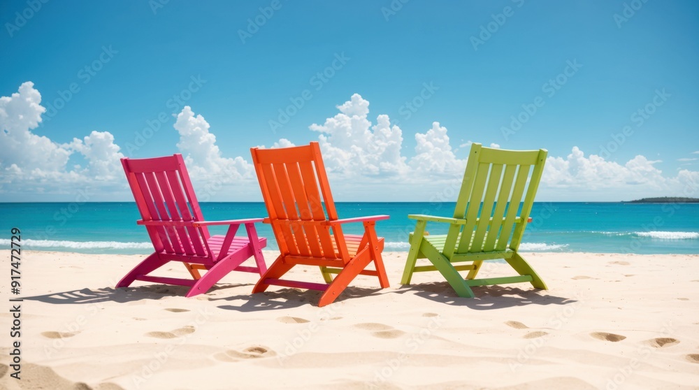 Coastal escape featuring three colorful chairs by the sea under clear skies Coastal escape featuring three colorful chairs by the sea under clear skies