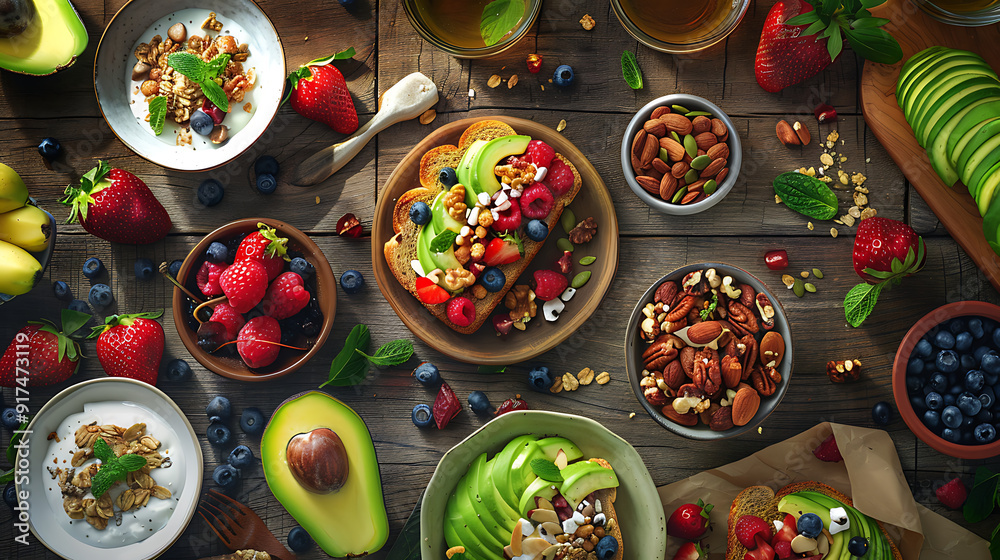 healthy food table top view featuring avocado toast, fresh fruits like strawberries and blueberries, bowls of yogurt with granola and nuts, directly above view, all arranged on a rustic wooden table. healthy food table top view featuring avocado toast, fresh fruits like strawberries and blueberries, bowls of yogurt with granola and nuts, directly above view, all arranged on a rustic wooden table.