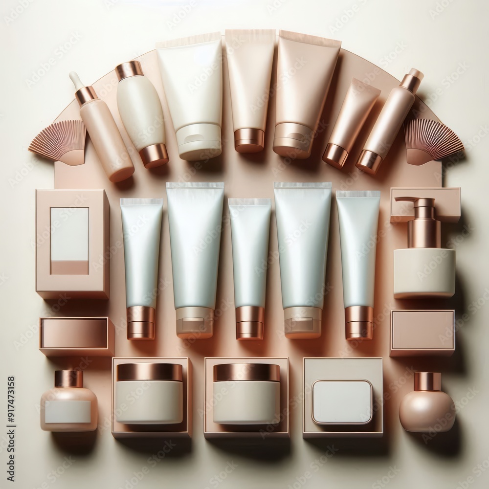 A stylish flat lay of various elegant cosmetic and skincare products in soft pastel colors, perfect for beauty branding and marketing materials. A stylish flat lay of various elegant cosmetic and skincare products in soft pastel colors, perfect for beauty branding and marketing materials.