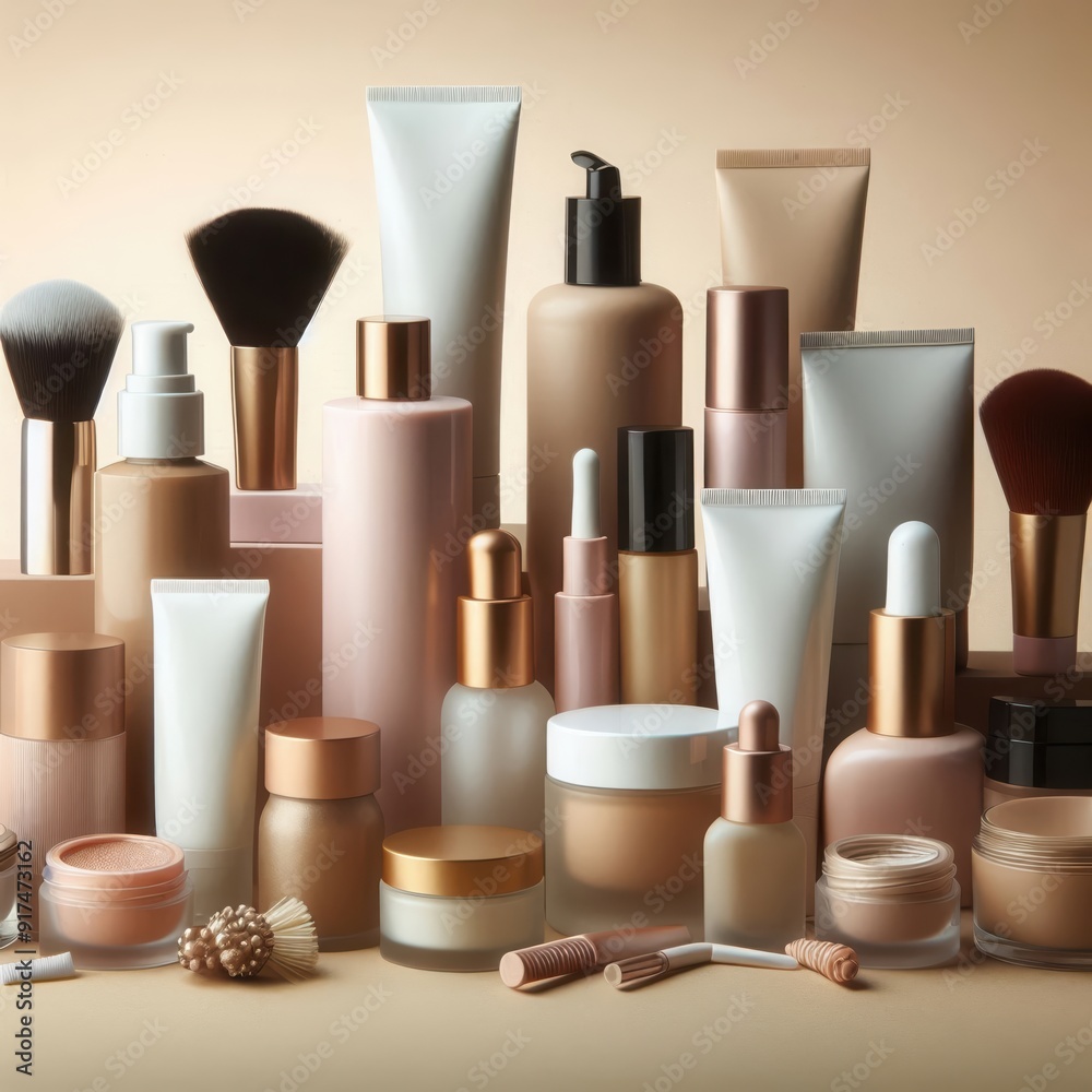 A stylish arrangement of beauty and skincare products showcasing elegant bottles and packaging, ideal for beauty brand marketing and cosmetics presentations. A stylish arrangement of beauty and skincare products showcasing elegant bottles and packaging, ideal for beauty brand marketing and cosmetics presentations.