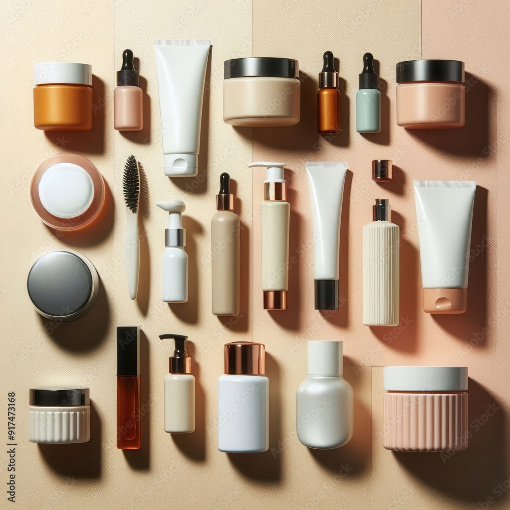 A stylish arrangement of skincare and beauty products, perfect for advertising and branding in the cosmetics industry. A stylish arrangement of skincare and beauty products, perfect for advertising and branding in the cosmetics industry.