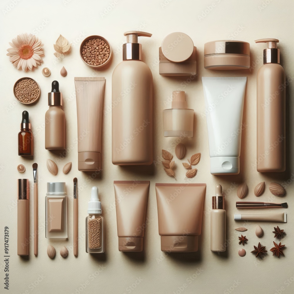 Aesthetic arrangement of various cosmetic and skincare packaging in neutral tones, perfect for beauty brand presentations, product photography, and marketing materials. Aesthetic arrangement of various cosmetic and skincare packaging in neutral tones, perfect for beauty brand presentations, product photography, and marketing materials.