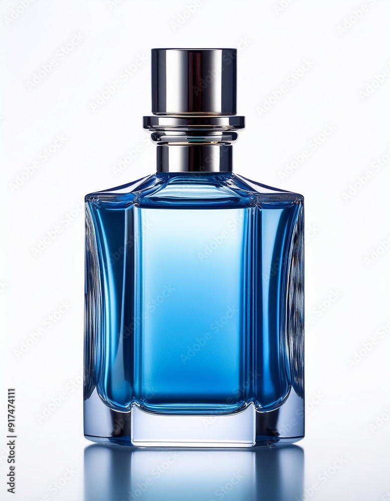Blue bottle of perfume close up isolated on white background. Blue bottle of perfume close up isolated on white background.