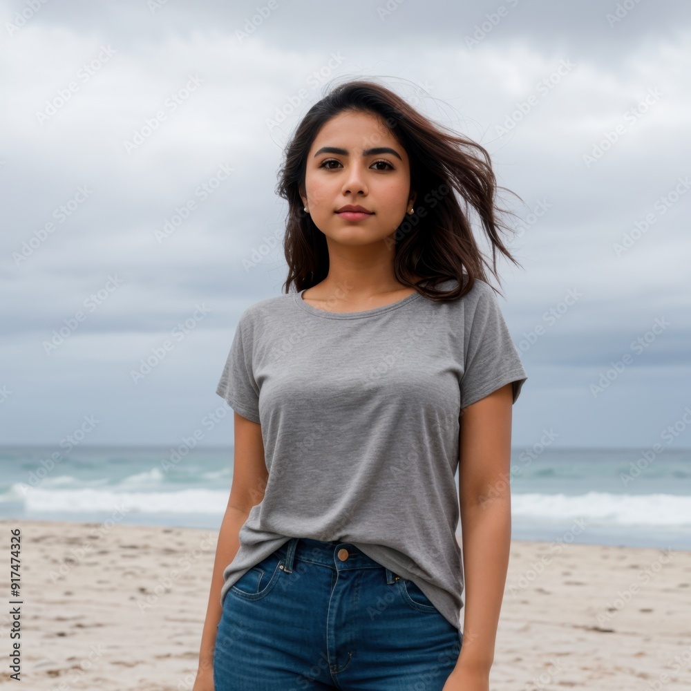 Confident Woman on Beach with Gentle Waves and Gray Skies Confident Woman on Beach with Gentle Waves and Gray Skies