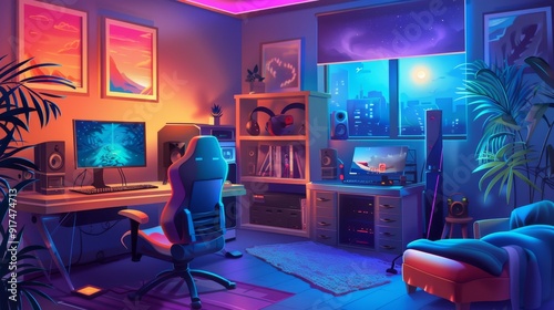 Captivating Interior Room Design Exploring Neoninfused Modern Rooms with VR Art photo