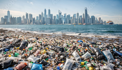 Close-up of polluted beach sections due to plastic waste entering the ecosystem and insufficient recycling