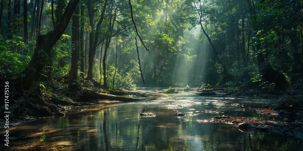 Obraz premium A serene forest stream bathed in sunlight, highlighting the lush green foliage and creating a tranquil natural scene.