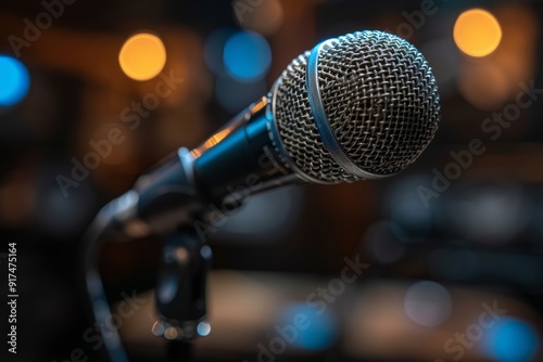 Studio microphone and headphones on white background, high key portrait with selective focus