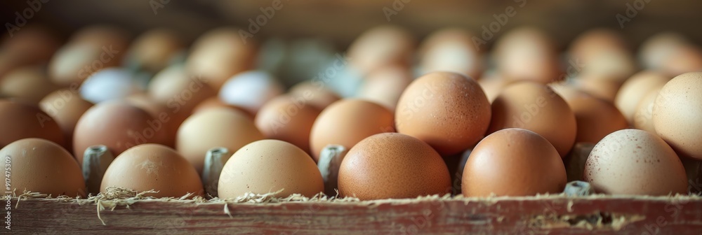 Neatly arranged brown eggs placed in a rustic wooden tray, suggesting freshness and an organic lifestyle. Neatly arranged brown eggs placed in a rustic wooden tray, suggesting freshness and an organic lifestyle.