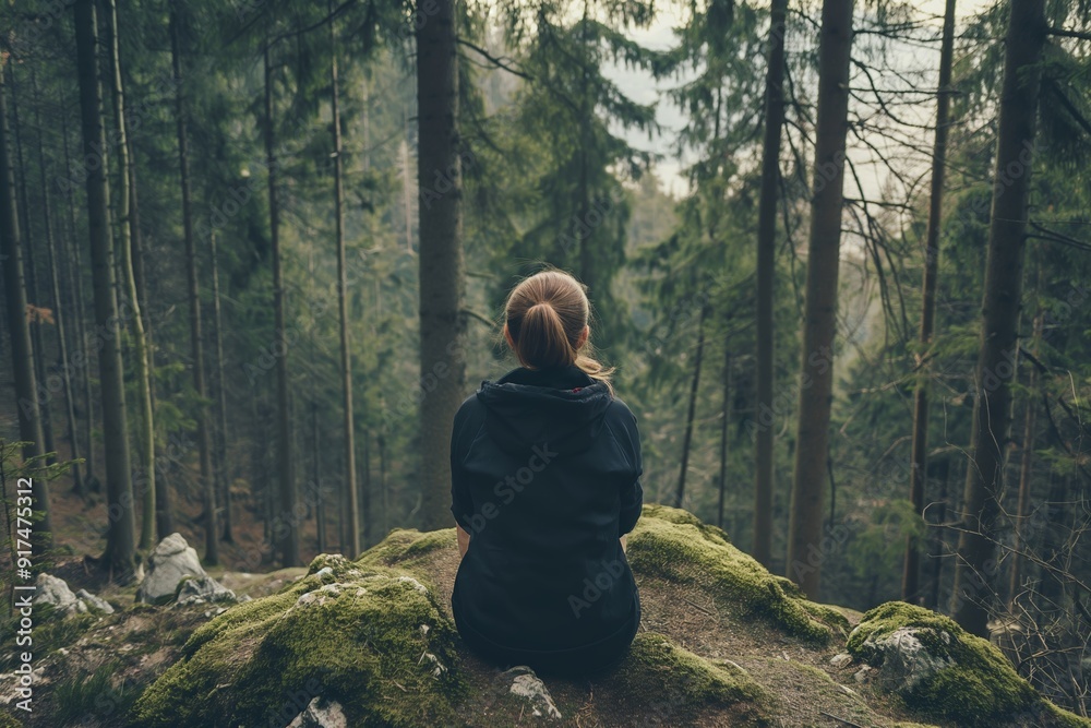 A person sits on a moss-covered rock surrounded by tall trees in a peaceful forest. The scene evokes a sense of tranquility. A person sits on a moss-covered rock surrounded by tall trees in a peaceful forest. The scene evokes a sense of tranquility.