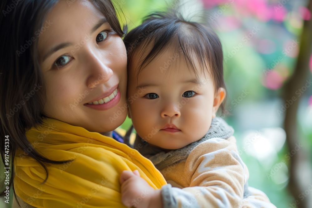 A smiling mother holds her baby close, exuding warmth, love, and a strong familial bond in a natural setting. A smiling mother holds her baby close, exuding warmth, love, and a strong familial bond in a natural setting.