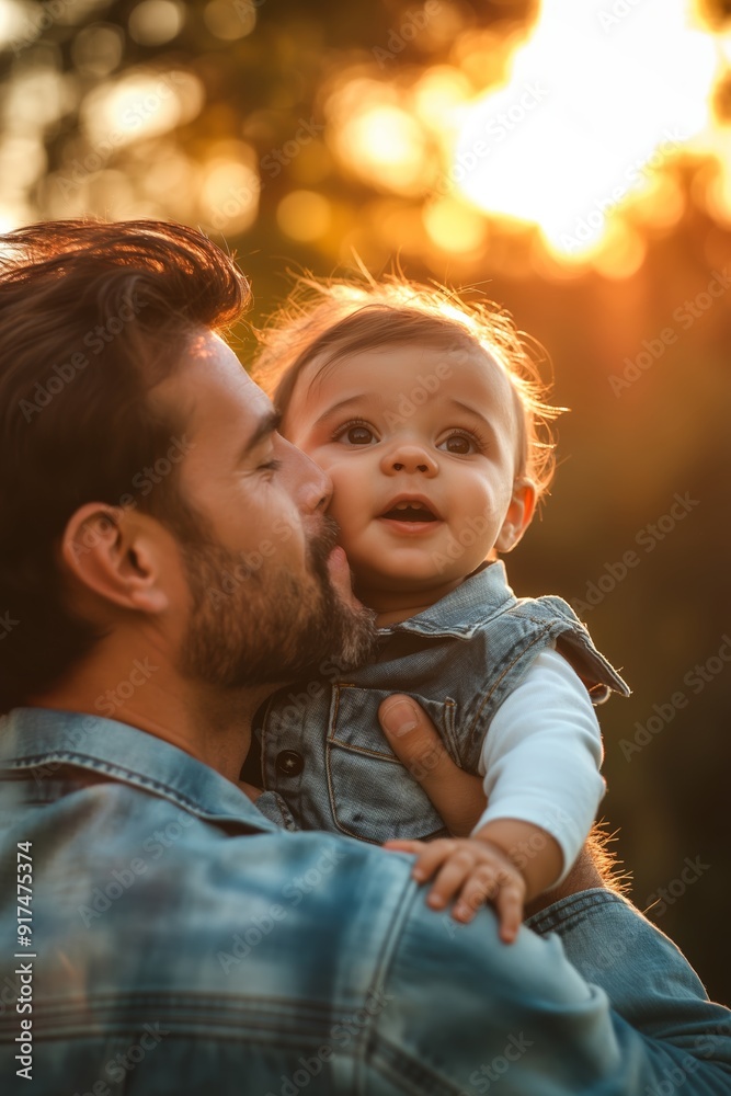 A touching scene of a father kissing his young child at sunset, symbolizing love, care, and familial bond. A touching scene of a father kissing his young child at sunset, symbolizing love, care, and familial bond.