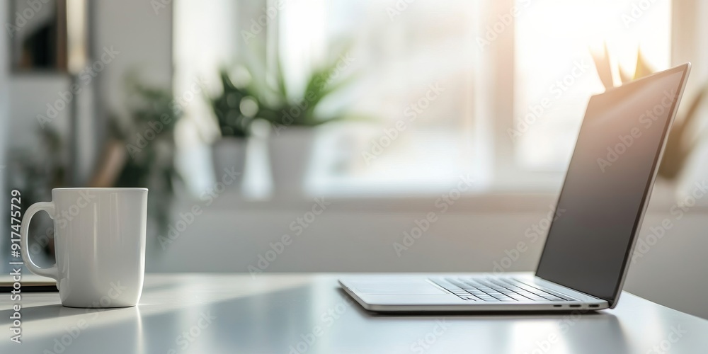 A minimalist white desk with an open laptop, a coffee cup and some office supplies in the foreground