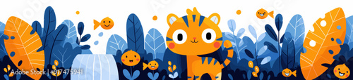 Whimsical jungle scene with an adorable orange tiger and cheerful fish among blue foliage, creating a playful and colorful environment perfect for children's decor and storybook illustrations
