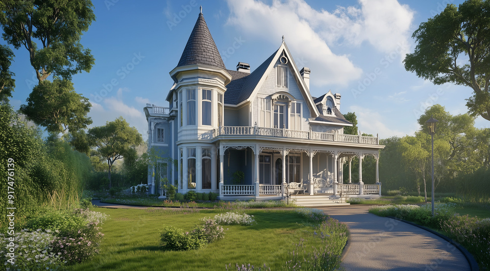 Two-Story Mansion Rendering with a Conical Roof and Plastic Architectural Details Two-Story Mansion Rendering with a Conical Roof and Plastic Architectural Details