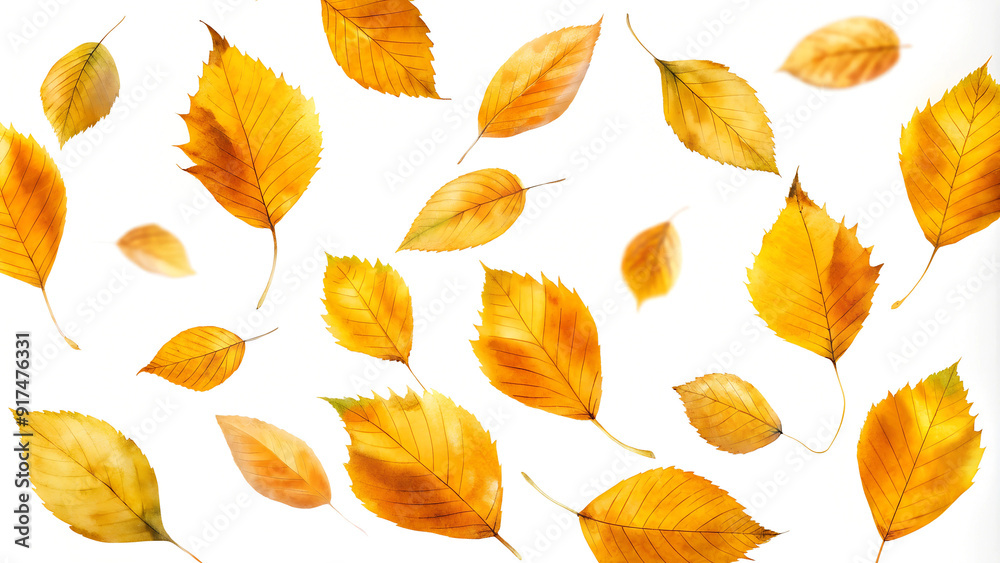 Fototapeta premium Yellow autumn leaves, falling flying, isolated on white background, fall, autumn concept