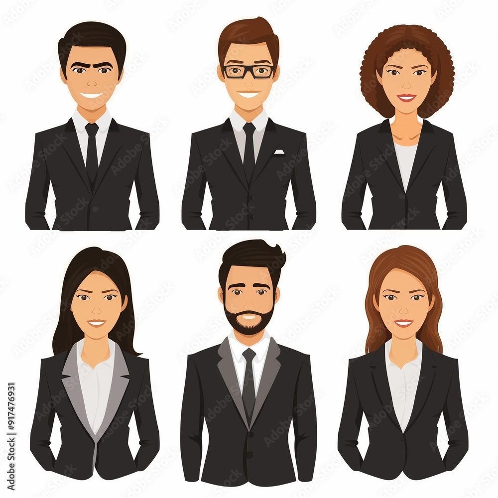 Diverse Business Team in Formal Attire Illustration, Six Professional Characters in Suits Diverse Business Team in Formal Attire Illustration, Six Professional Characters in Suits