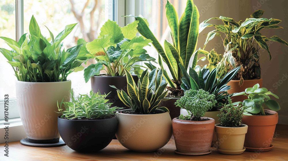 Vibrant Green Houseplants in Modern Pots by the Window Vibrant Green Houseplants in Modern Pots by the Window