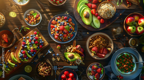 healthy food table top view featuring avocado toast, fresh fruits like strawberries and blueberries, bowls of yogurt with granola and nuts, directly above view, all arranged on a rustic wooden table.