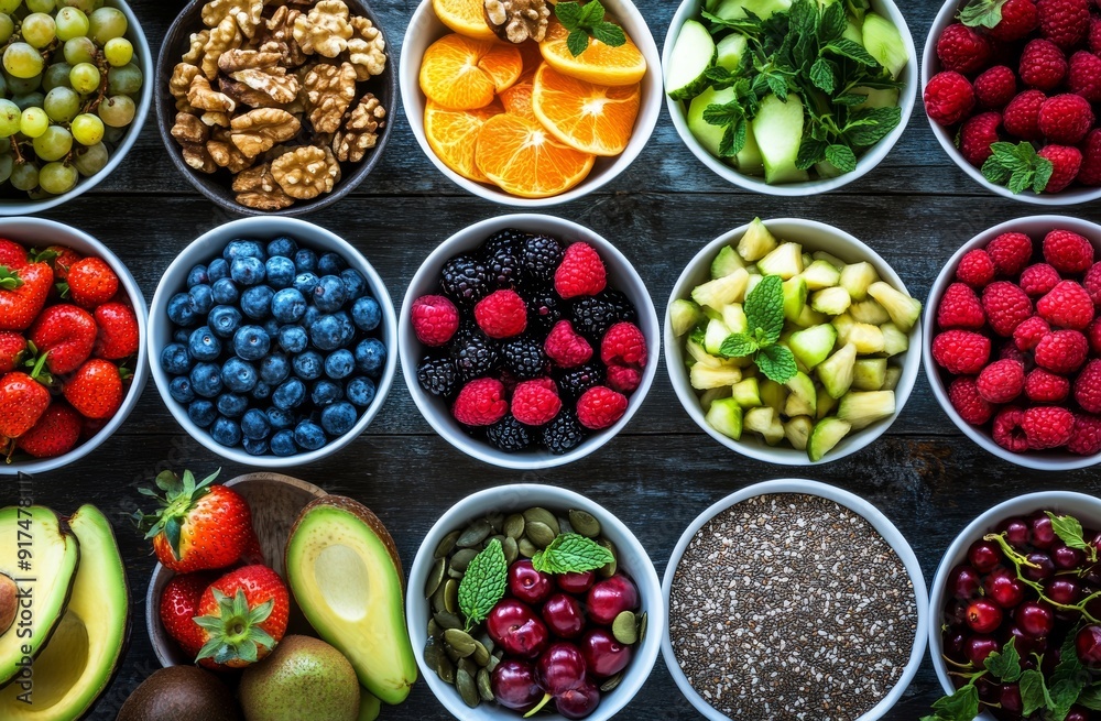 A colorful array of fruits, vegetables and nuts were arranged in bowls on an old wooden table A colorful array of fruits, vegetables and nuts were arranged in bowls on an old wooden table