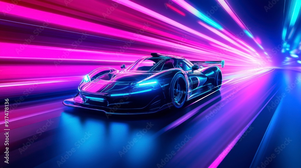 A futuristic sports car races down the neon highway of a nighttime city A futuristic sports car races down the neon highway of a nighttime city