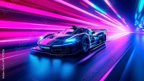 A futuristic sports car races down the neon highway of a nighttime city