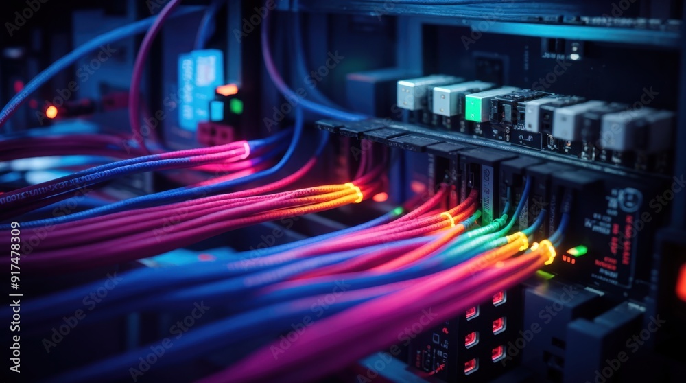 Energetic network cables linking to switches with vibrant blue neon lights Energetic network cables linking to switches with vibrant blue neon lights