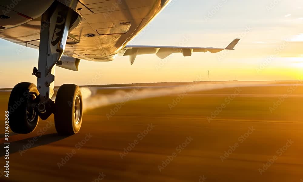 Passenger aircraft landing Close up. Passenger airplane landing towards the runway during sunset. Wheels touchdown close up shot. 4k video