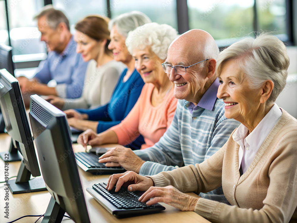 Courses for adults, elderly people learning computer literacy at a laptop, men and women work at a computer, demonstrating curiosity of modern seniors towards technology Courses for adults, elderly people learning computer literacy at a laptop, men and women work at a computer, demonstrating curiosity of modern seniors towards technology