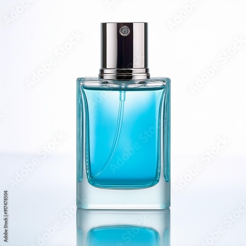 Aqua Blue Bottle of Perfume Spray. Women's Men's Eau De Parfum in Beautiful Glass Bottle Isolated on White. Modern Luxury Parfum De Toilette. Fragrance for Women and Men