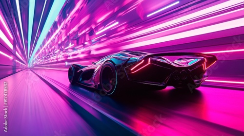 A futuristic sports car races down the neon highway of a nighttime city