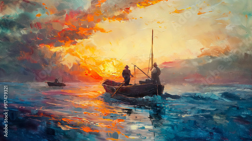 An oil painting of two men on the boat, fishing at sunset