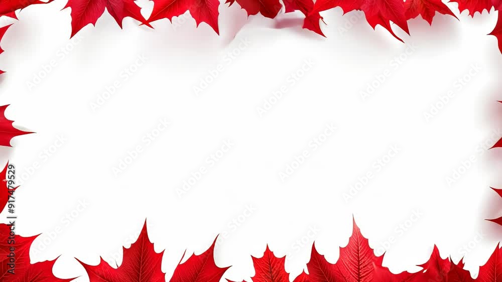 Maple leaves on the ground symbolize fall and Canadian pride. The   features red maple leafs with a soft, blurred background.