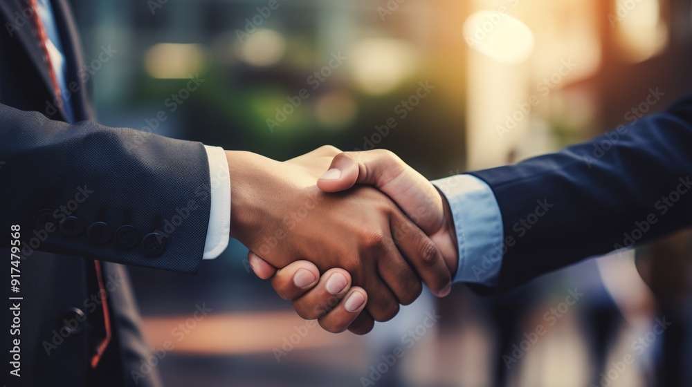 Business partners shaking hands after agreeing on a financial plan Business partners shaking hands after agreeing on a financial plan