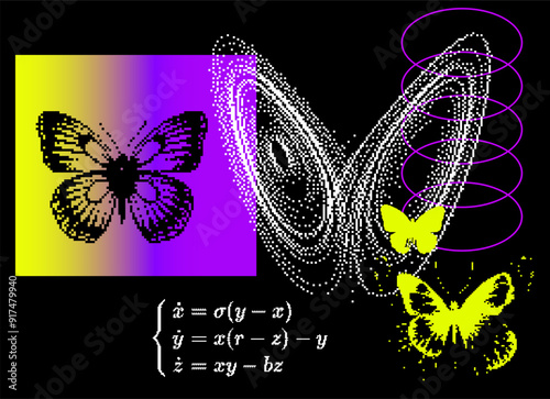 Conseptual illustration of the chaos theory and butterfly effect. Can be used to represent Lorenz attractor nonlinear dynamics turbulence of initial condition or fractal geometry.