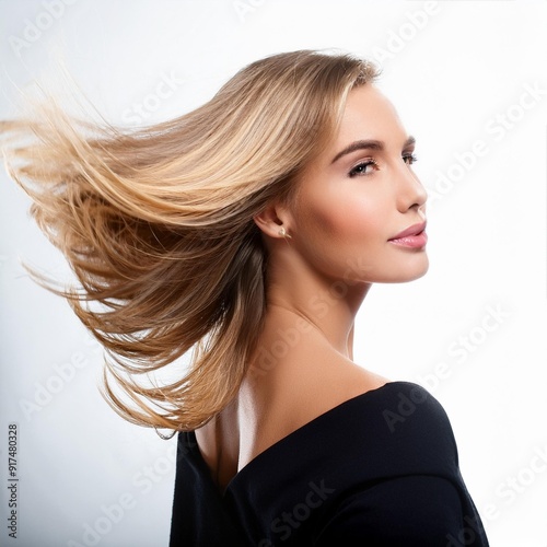 A woman with her hair blowing in the wind