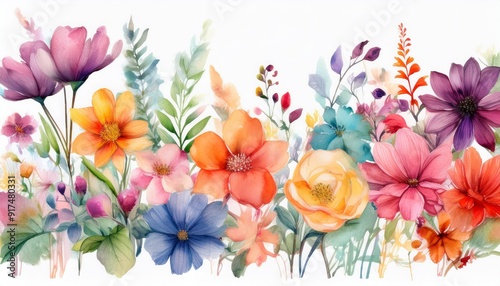 A variety of vibrant watercolor flowers arranged on a clean white background