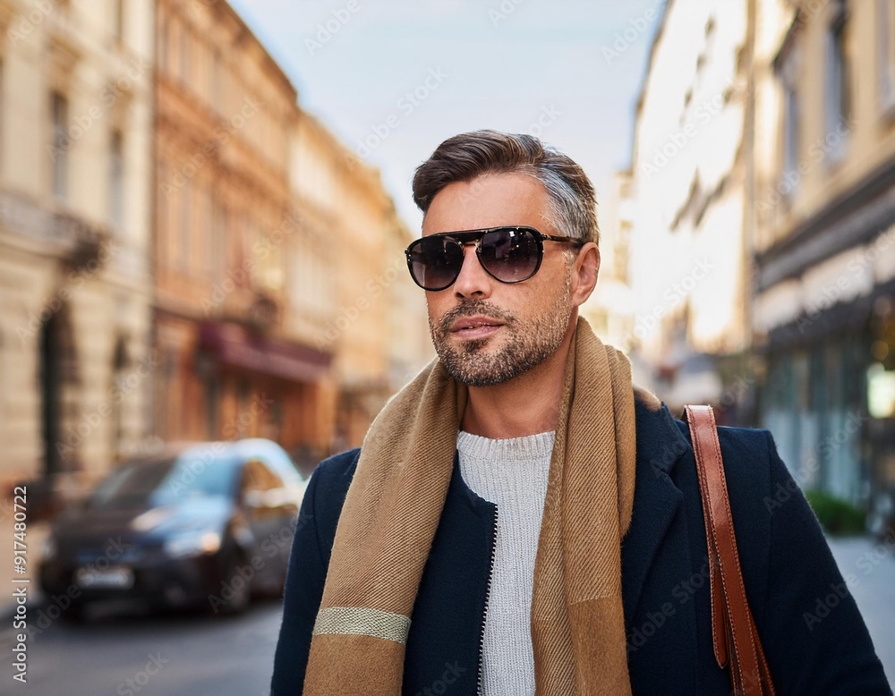 A man wearing sunglasses and a scarf walks on a city street A man wearing sunglasses and a scarf walks on a city street