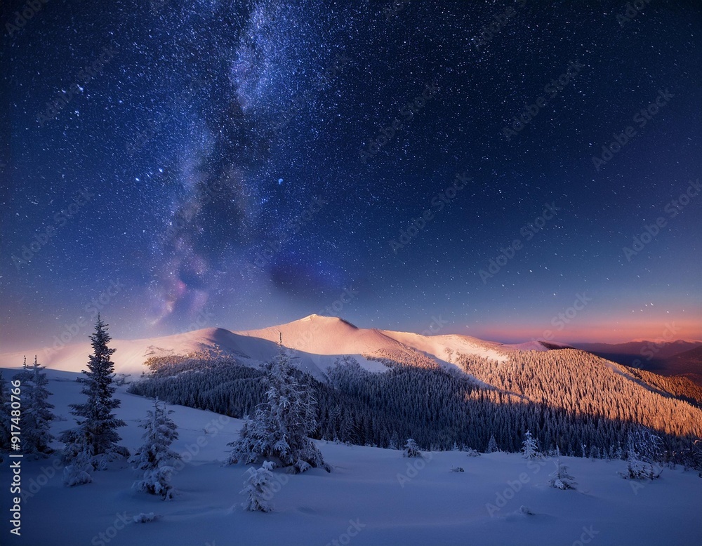 A night sky filled with stars above a snow-covered mountain, creating a stunning and serene winter scene. A night sky filled with stars above a snow-covered mountain, creating a stunning and serene winter scene.