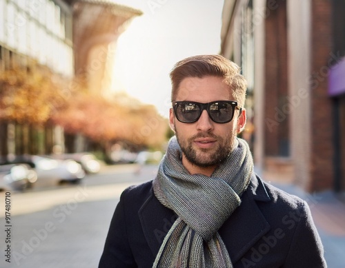 A man wearing sunglasses and a scarf walks on a city street