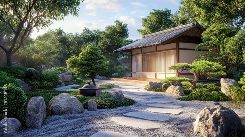 A serene Japanese backyard with a traditional tea house, bonsai trees, and a zen rock garden in anime style