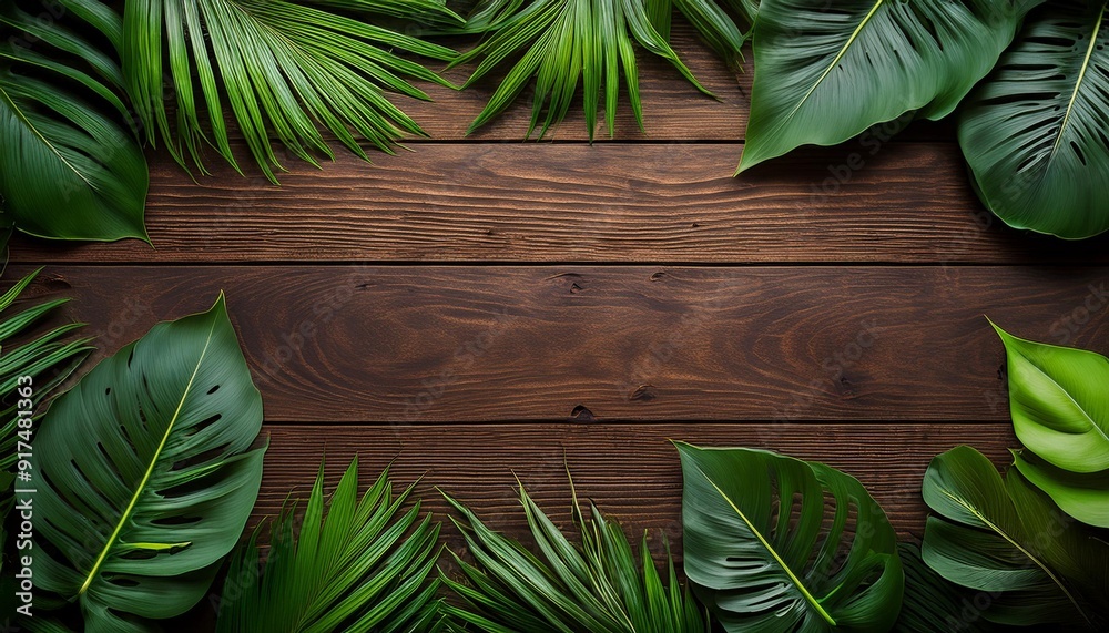 A flat lay image showcasing a dark brown wooden background framed by lush green tropical leaves, providing a vibrant and natural backdrop A flat lay image showcasing a dark brown wooden background framed by lush green tropical leaves, providing a vibrant and natural backdrop