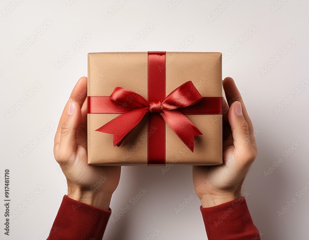 A close-up shot of two hands holding a gift box wrapped in brown paper with a red bow on a white background A close-up shot of two hands holding a gift box wrapped in brown paper with a red bow on a white background
