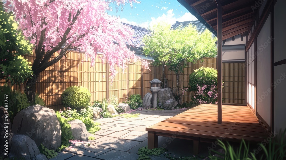 Obraz premium A traditional Japanese house's backyard featuring blooming sakura, a bamboo fence, and a small wooden deck in anime style