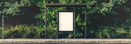 Empty advertising poster banner mockup template at a vacant bus stop shelter alongside a main road Surrounding greenery framed by a vertical out of home OOH billboard advertising display spa photo